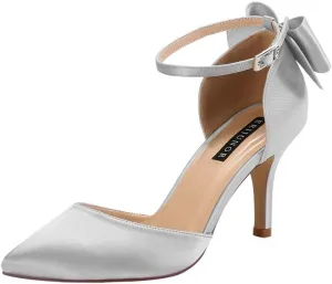 ERIJUNOR Wedding Evening Party Shoes Comfortable Mid Heels Pumps with Bow Knot Ankle Strap Wide Width Satin Shoes