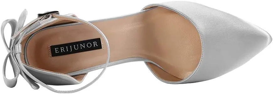 ERIJUNOR Wedding Evening Party Shoes Comfortable Mid Heels Pumps with Bow Knot Ankle Strap Wide Width Satin Shoes