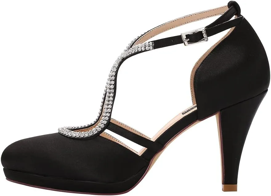 ERIJUNOR Women Comfort Low Heel Closed-Toe Ankle Strap Platform Satin Bridal Wedding Shoes