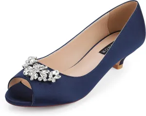 ERIJUNOR Women Comfort Low Kitten Heels Rhinestones Peep Toe Wedding Evening Party Shoes Dress Pumps