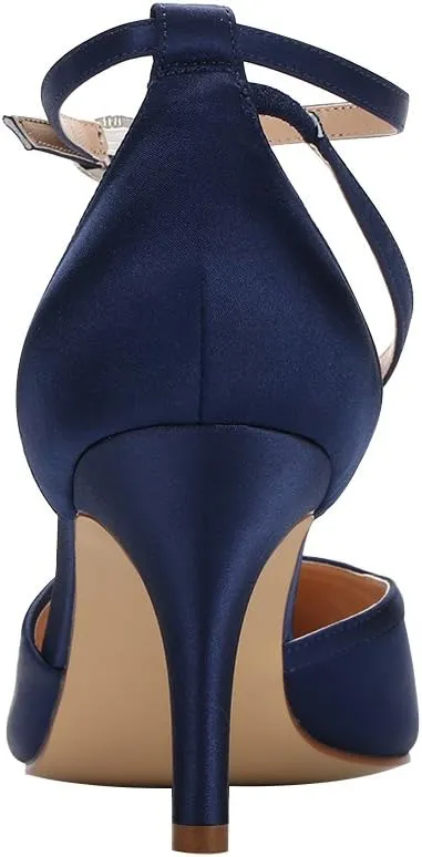 ERIJUNOR Women Comfortable Mid Heel Ankle Strappy Dress Pumps Pointed Toe Satin Wedding Evening Party Shoes