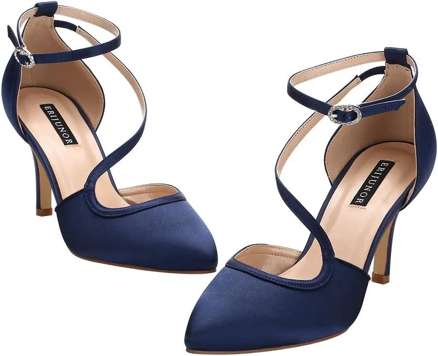 ERIJUNOR Women Comfortable Mid Heel Ankle Strappy Dress Pumps Pointed Toe Satin Wedding Evening Party Shoes