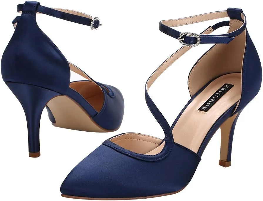 ERIJUNOR Women Comfortable Mid Heel Ankle Strappy Dress Pumps Pointed Toe Satin Wedding Evening Party Shoes