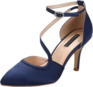 ERIJUNOR Women Comfortable Mid Heel Ankle Strappy Dress Pumps Pointed Toe Satin Wedding Evening Party Shoes