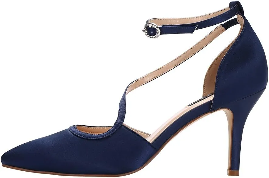 ERIJUNOR Women Comfortable Mid Heel Ankle Strappy Dress Pumps Pointed Toe Satin Wedding Evening Party Shoes