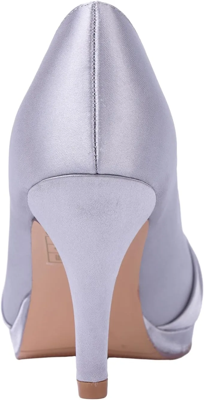 ERIJUNOR Women Comfortable Mid Heel Pumps Closed Toe Rhinestones Brooch Satin Evening Prom Wedding Shoes