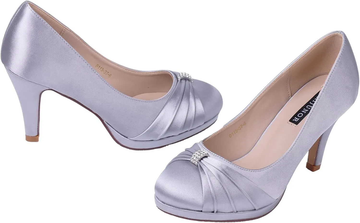 ERIJUNOR Women Comfortable Mid Heel Pumps Closed Toe Rhinestones Brooch Satin Evening Prom Wedding Shoes