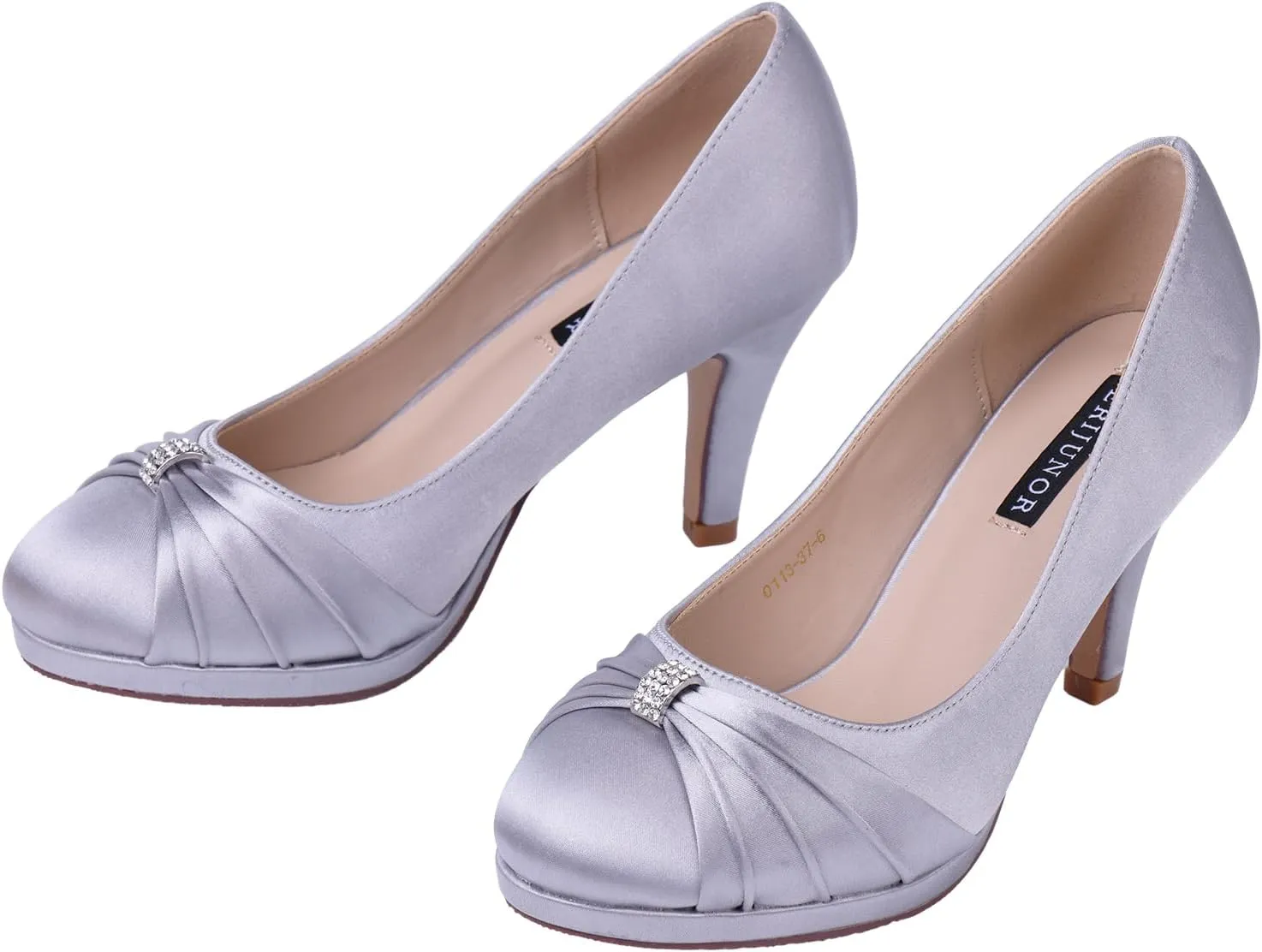 ERIJUNOR Women Comfortable Mid Heel Pumps Closed Toe Rhinestones Brooch Satin Evening Prom Wedding Shoes