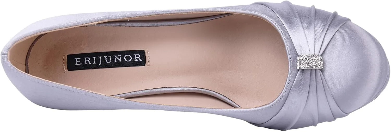 ERIJUNOR Women Comfortable Mid Heel Pumps Closed Toe Rhinestones Brooch Satin Evening Prom Wedding Shoes