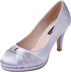 ERIJUNOR Women Comfortable Mid Heel Pumps Closed Toe Rhinestones Brooch Satin Evening Prom Wedding Shoes