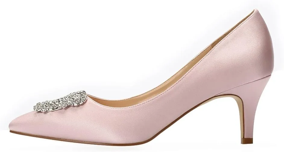 ERIJUNOR Women's Pumps Low Heel Rhinestone Brooch Satin Evening Dress Wedding Shoes