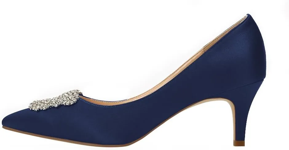 ERIJUNOR Women's Pumps Low Heel Rhinestone Brooch Satin Evening Dress Wedding Shoes