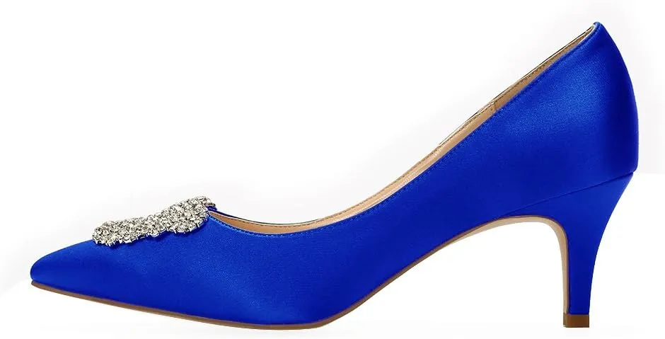 ERIJUNOR Women's Pumps Low Heel Rhinestone Brooch Satin Evening Dress Wedding Shoes