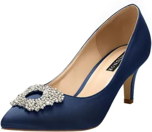 ERIJUNOR Women's Pumps Low Heel Rhinestone Brooch Satin Evening Dress Wedding Shoes