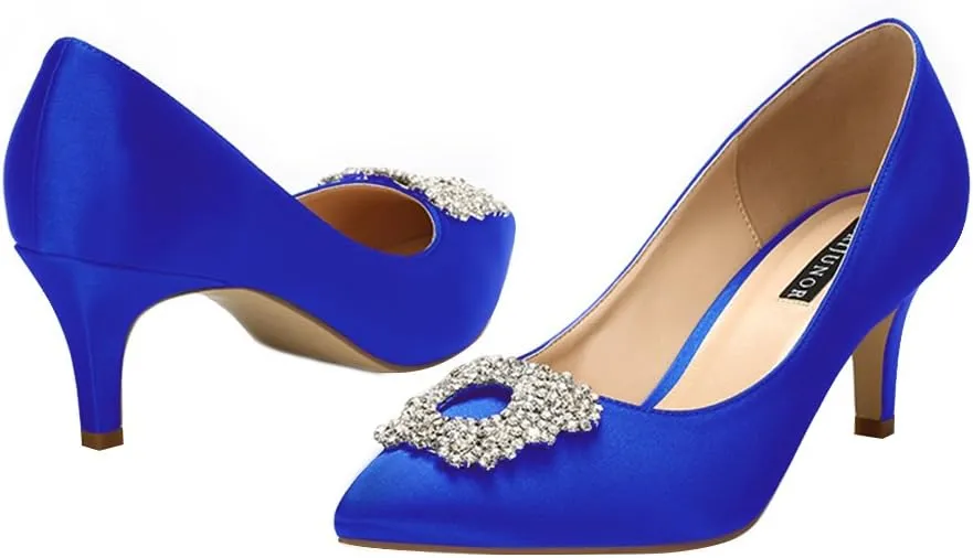 ERIJUNOR Women's Pumps Low Heel Rhinestone Brooch Satin Evening Dress Wedding Shoes