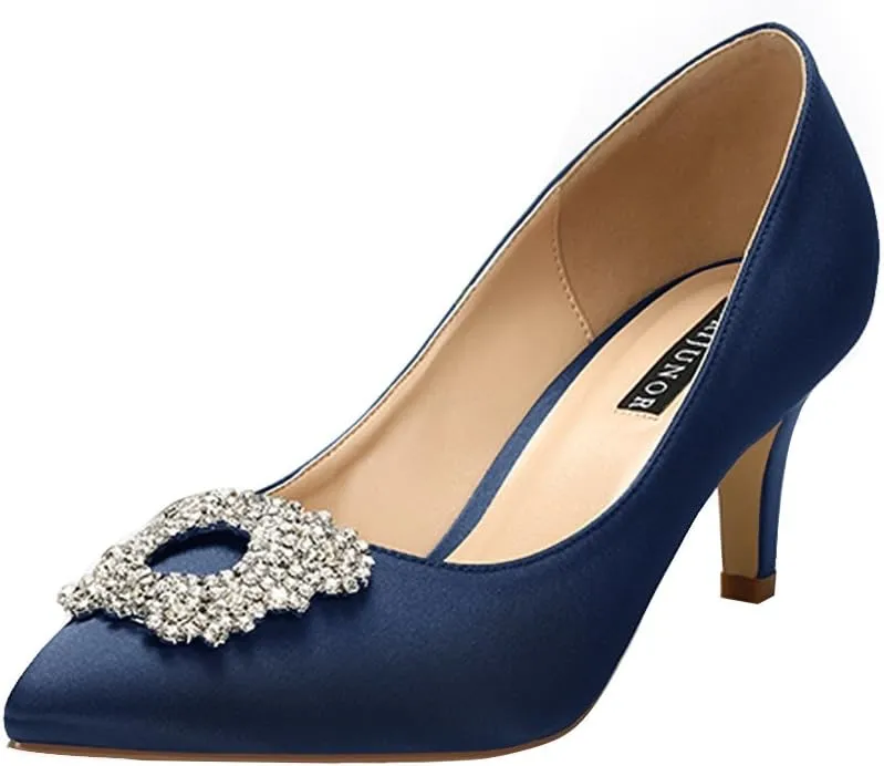 ERIJUNOR Women's Pumps Low Heel Rhinestone Brooch Satin Evening Dress Wedding Shoes