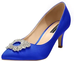 ERIJUNOR Women's Pumps Low Heel Rhinestone Brooch Satin Evening Dress Wedding Shoes