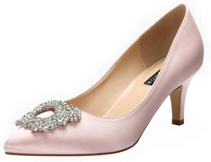 ERIJUNOR Women's Pumps Low Heel Rhinestone Brooch Satin Evening Dress Wedding Shoes