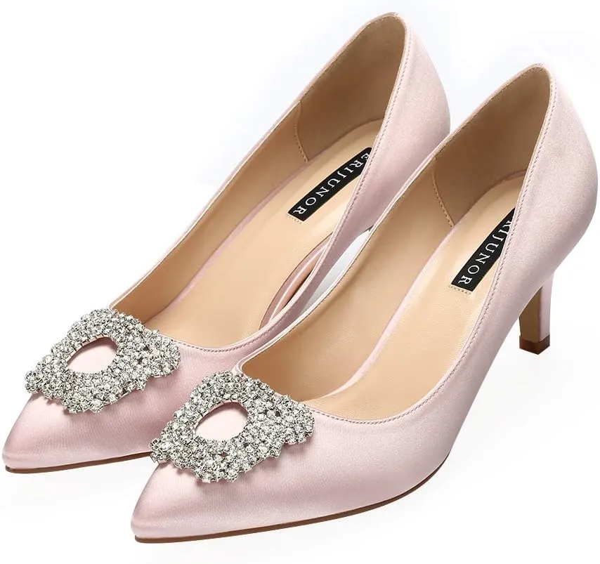 ERIJUNOR Women's Pumps Low Heel Rhinestone Brooch Satin Evening Dress Wedding Shoes