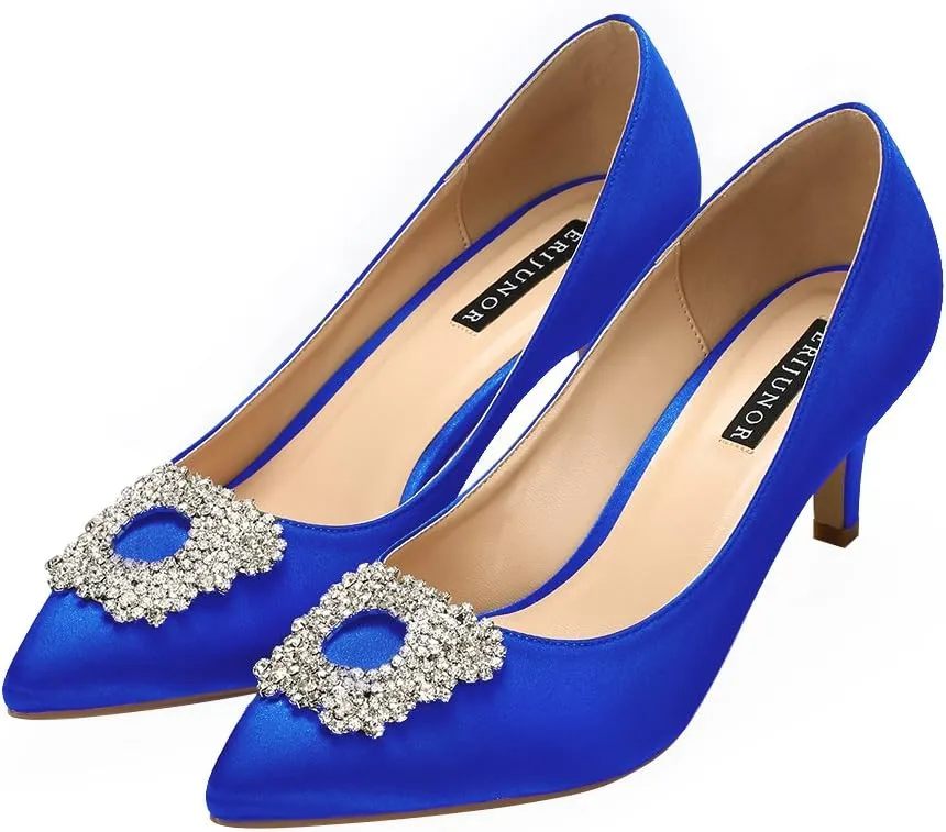 ERIJUNOR Women's Pumps Low Heel Rhinestone Brooch Satin Evening Dress Wedding Shoes