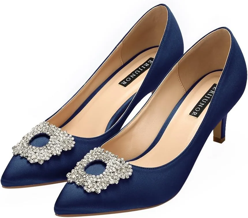 ERIJUNOR Women's Pumps Low Heel Rhinestone Brooch Satin Evening Dress Wedding Shoes