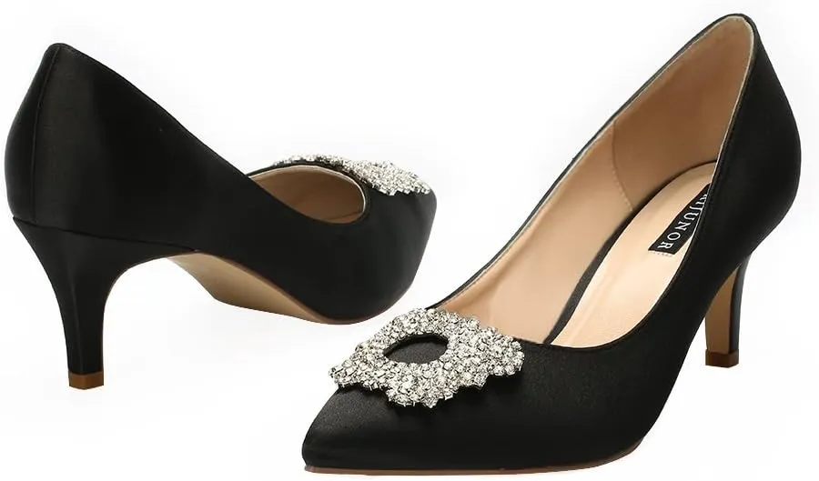 ERIJUNOR Women's Pumps Low Heel Rhinestone Brooch Satin Evening Dress Wedding Shoes
