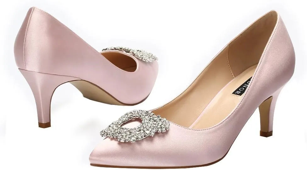 ERIJUNOR Women's Pumps Low Heel Rhinestone Brooch Satin Evening Dress Wedding Shoes