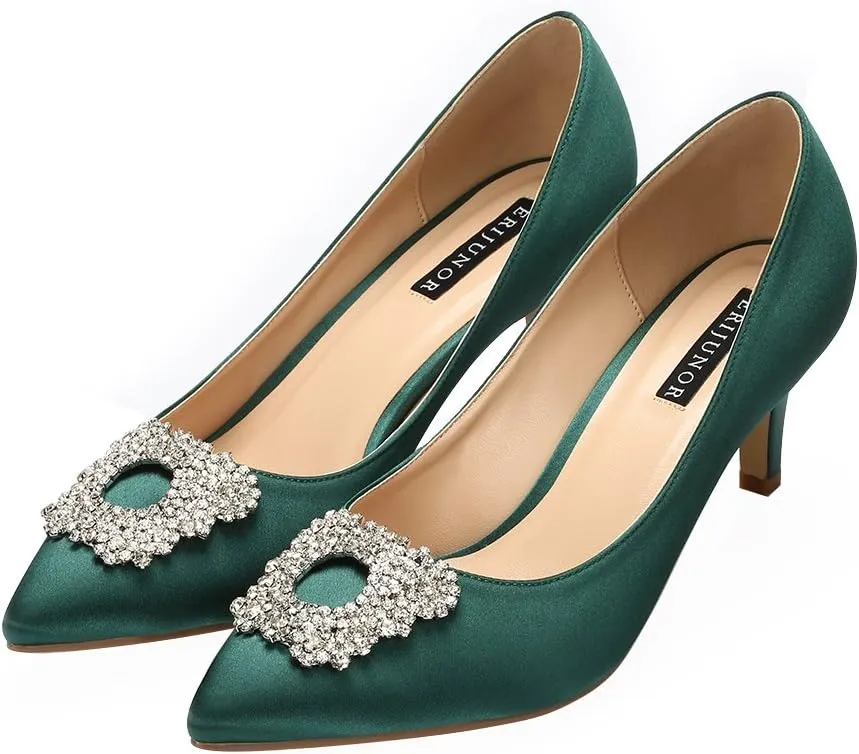 ERIJUNOR Women's Pumps Low Heel Rhinestone Brooch Satin Evening Dress Wedding Shoes