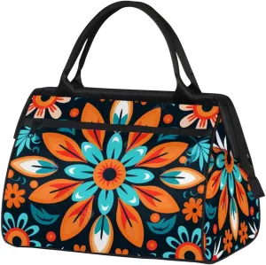 Ethnic Abstract Flower Color Weekender Overnight Bag for Women Waterproof Carry On Travel Duffle Bags with Pocket Lightweight Sports Gym Tote Bag Large Luggage Workout Personal Item Hospital Bags