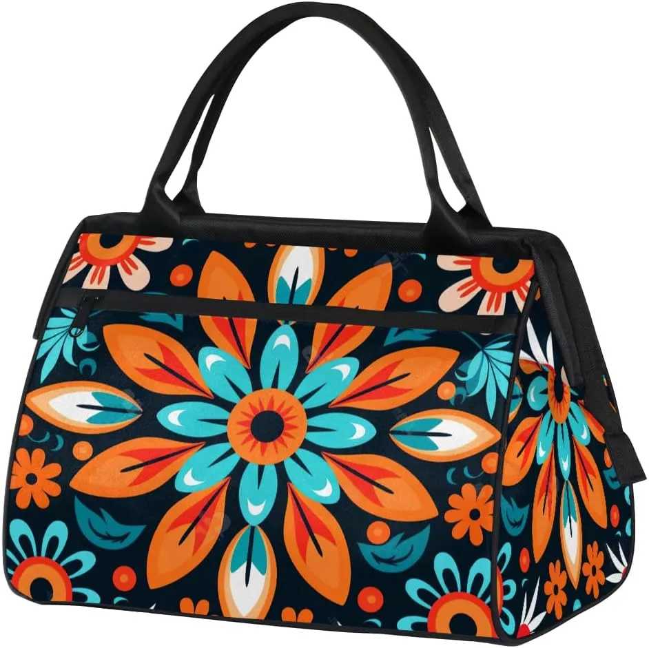 Ethnic Abstract Flower Color Weekender Overnight Bag for Women Waterproof Carry On Travel Duffle Bags with Pocket Lightweight Sports Gym Tote Bag Large Luggage Workout Personal Item Hospital Bags