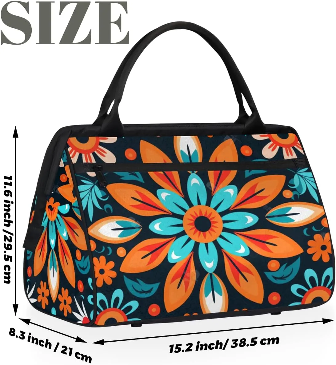 Ethnic Abstract Flower Color Weekender Overnight Bag for Women Waterproof Carry On Travel Duffle Bags with Pocket Lightweight Sports Gym Tote Bag Large Luggage Workout Personal Item Hospital Bags