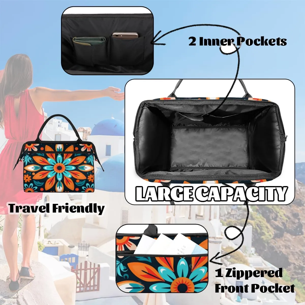 Ethnic Abstract Flower Color Weekender Overnight Bag for Women Waterproof Carry On Travel Duffle Bags with Pocket Lightweight Sports Gym Tote Bag Large Luggage Workout Personal Item Hospital Bags