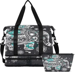 Ethnic Elephant Travel Duffel Bag for Women Men Gym Bag with Shoe Compartment Wet Pocket Carry On Weekender Overnight Bags for Travel Hospital Gym
