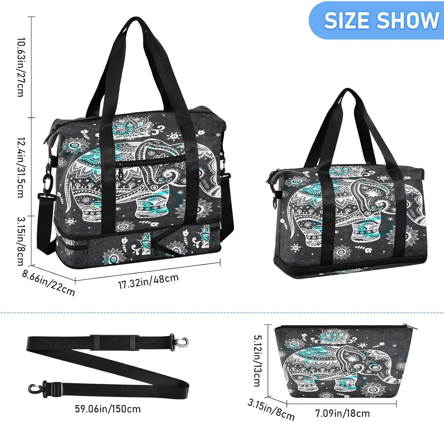 Ethnic Elephant Travel Duffel Bag for Women Men Gym Bag with Shoe Compartment Wet Pocket Carry On Weekender Overnight Bags for Travel Hospital Gym