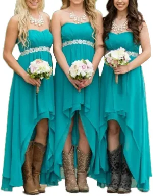 EUMI Chiffon Bridesmaid Dresses High Low Strapless Country Bridal Wedding Party Gowns