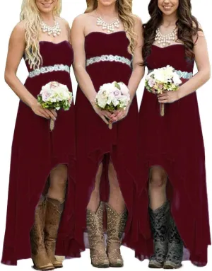 EUMI Chiffon Bridesmaid Dresses High Low Strapless Country Bridal Wedding Party Gowns