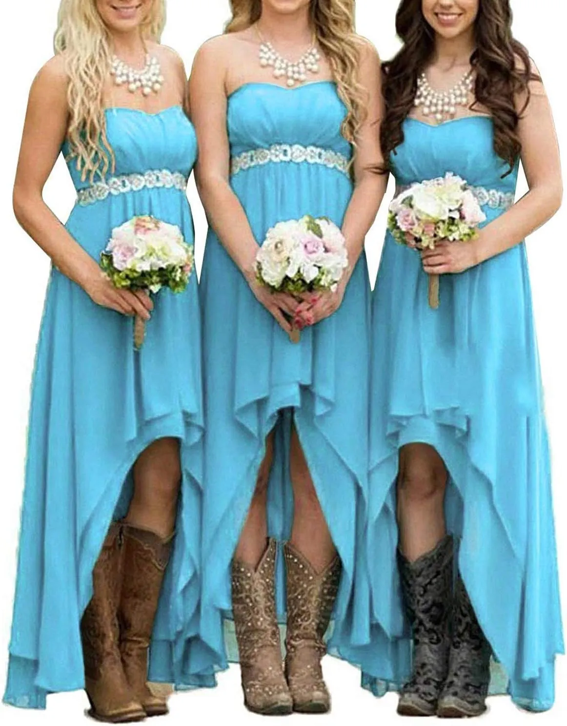 EUMI Chiffon Bridesmaid Dresses High Low Strapless Country Bridal Wedding Party Gowns