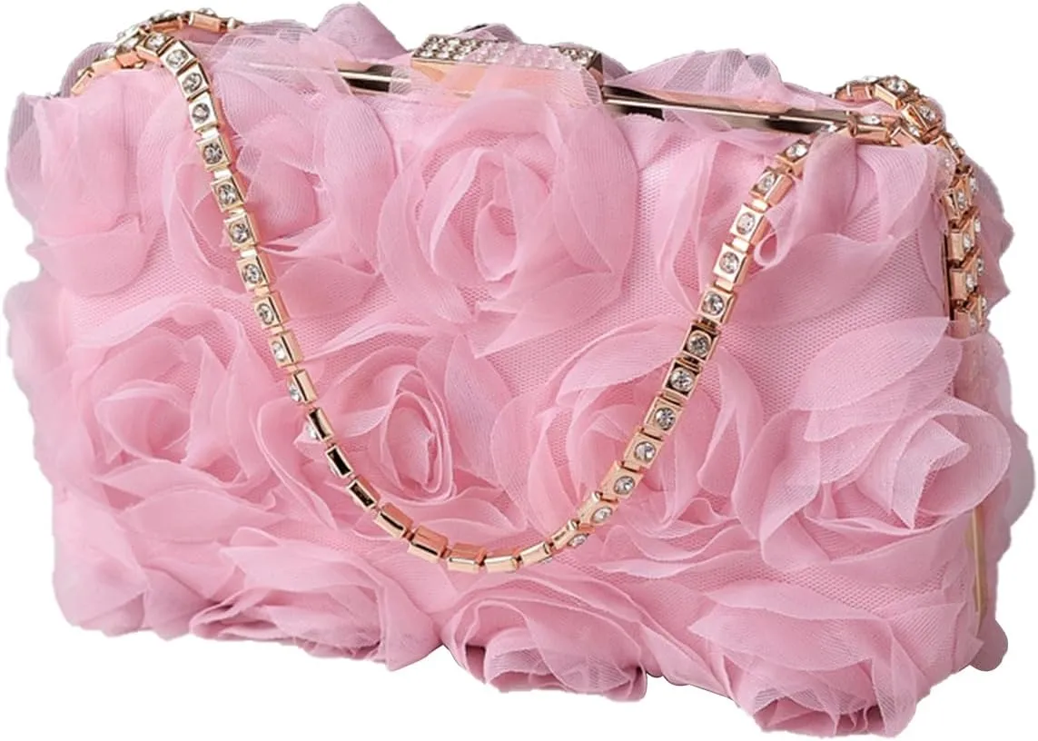Evening Bag for Women Rose Shaped Clutch Bag Polyester Handbag Small Shoulder Bag Bridal Wedding Purse