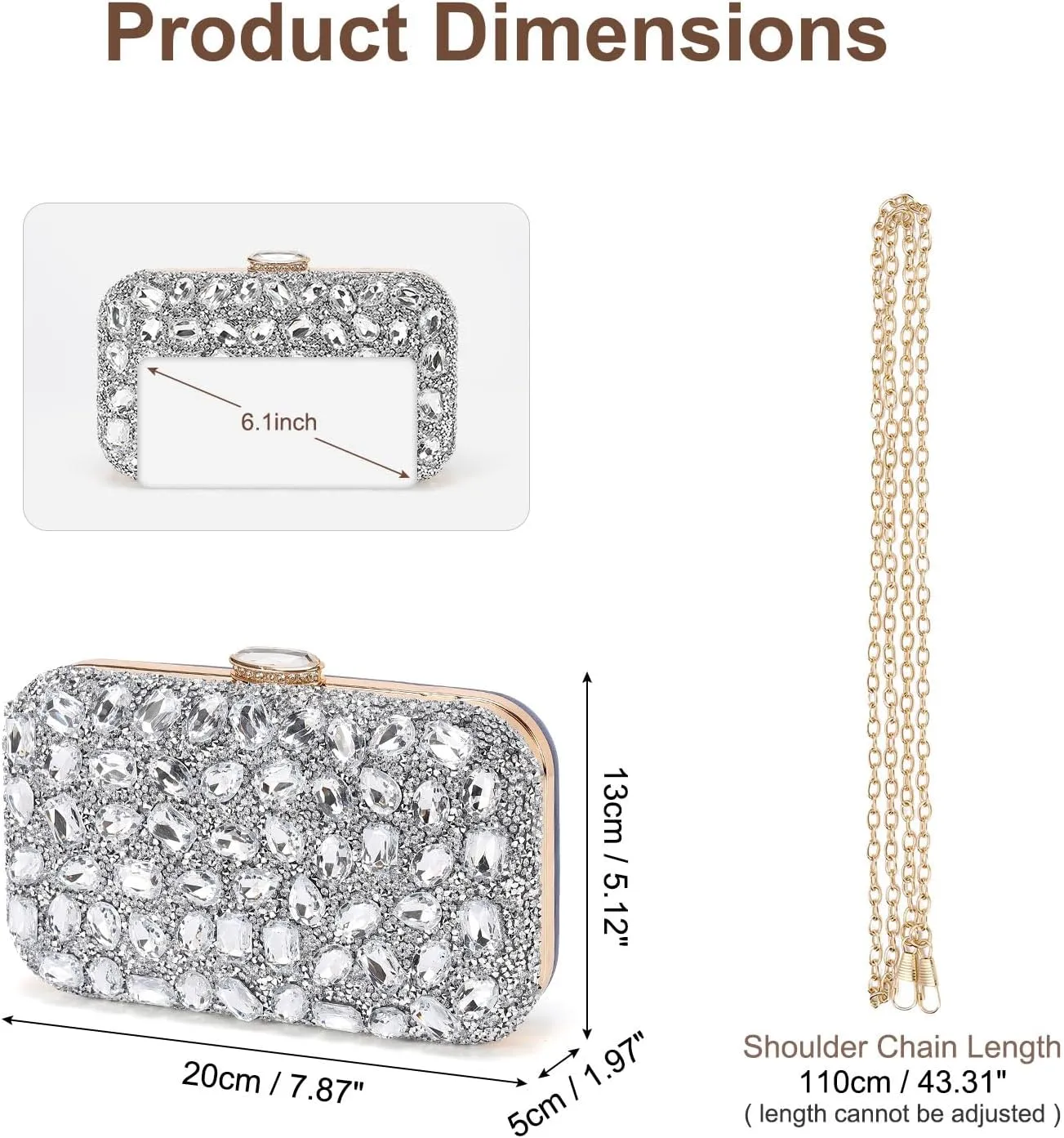 Evening Bags Clutch Purses for Women Formal, Gemstone Handbag Crystal Rhinestone Crossbody Square Bag with Chain Shoulder Bag Sparkly for Wedding Guest Party Silver
