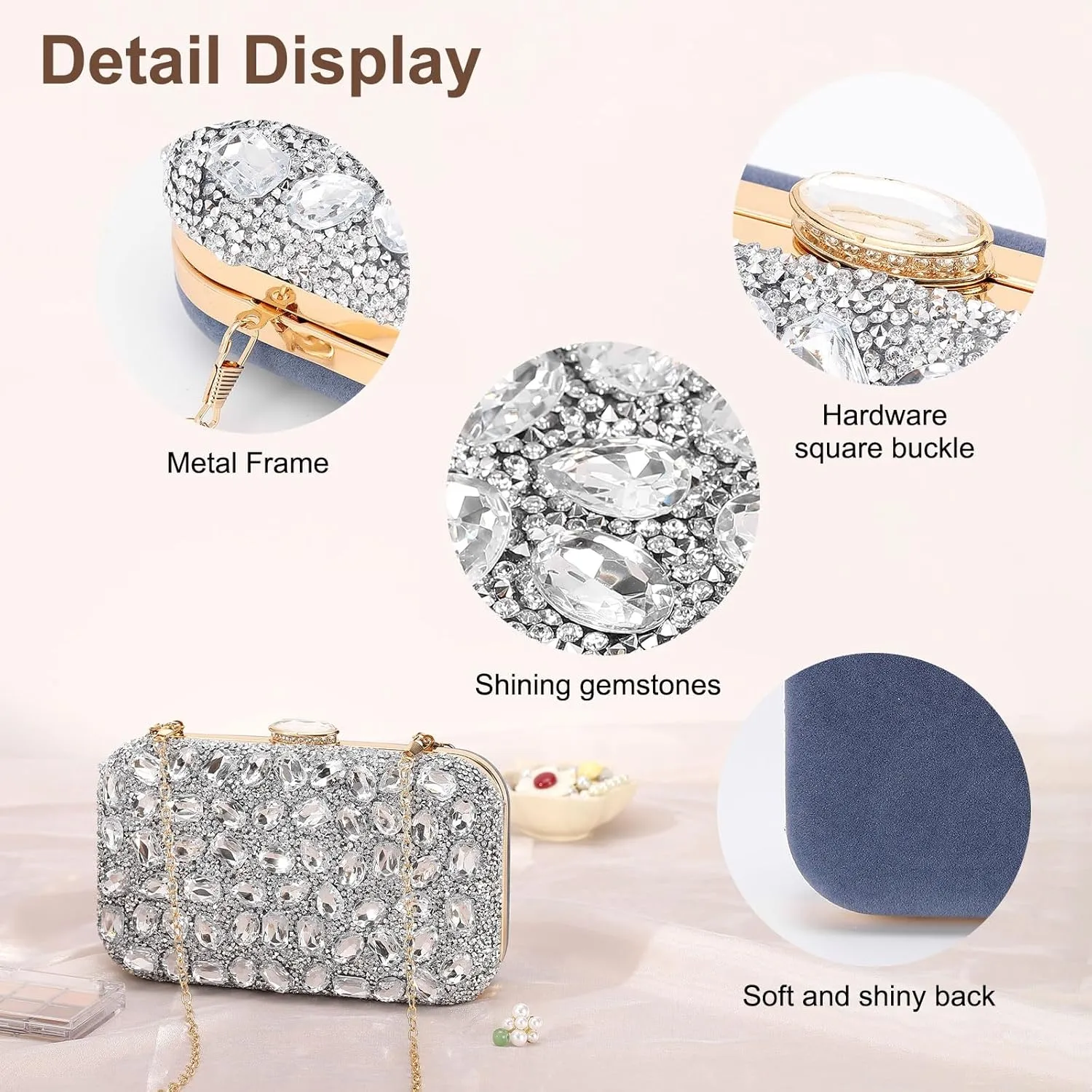 Evening Bags Clutch Purses for Women Formal, Gemstone Handbag Crystal Rhinestone Crossbody Square Bag with Chain Shoulder Bag Sparkly for Wedding Guest Party Silver