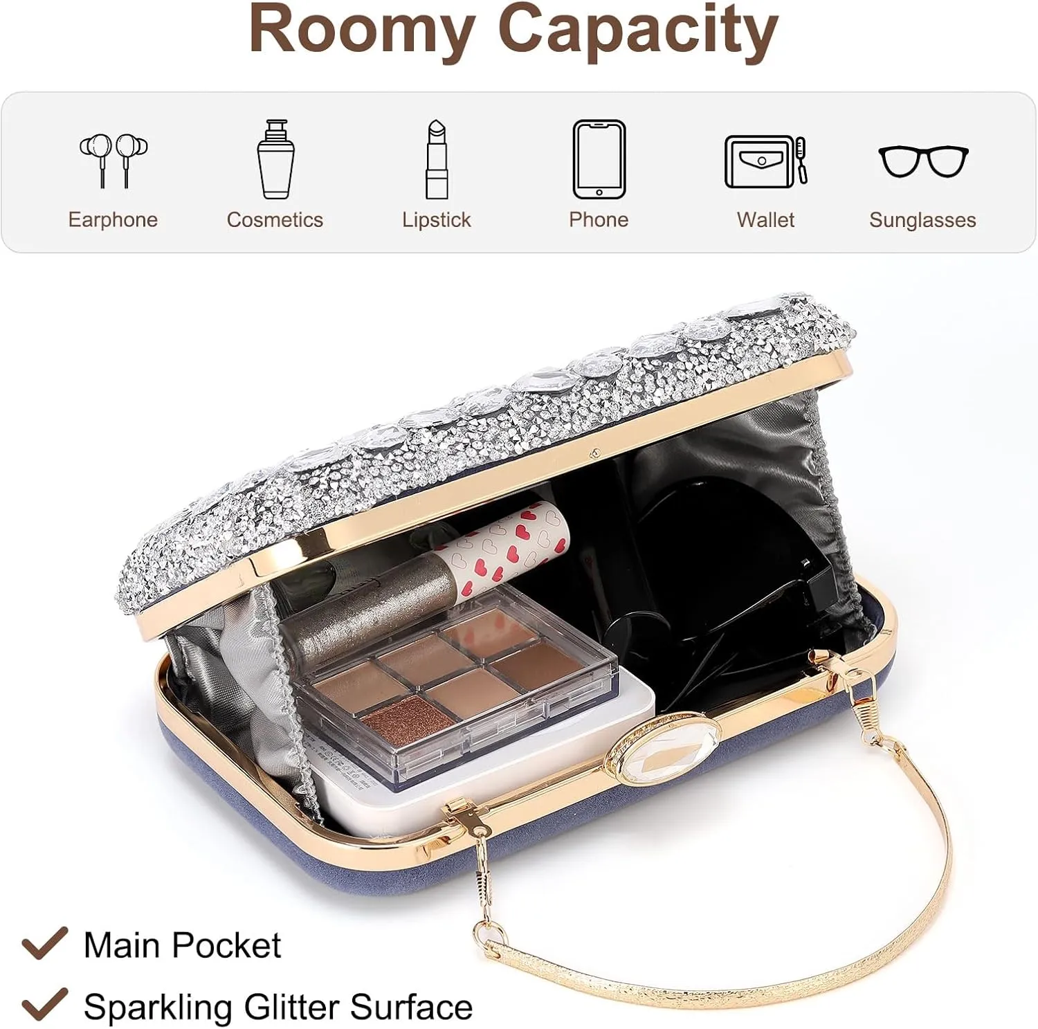 Evening Bags Clutch Purses for Women Formal, Gemstone Handbag Crystal Rhinestone Crossbody Square Bag with Chain Shoulder Bag Sparkly for Wedding Guest Party Silver
