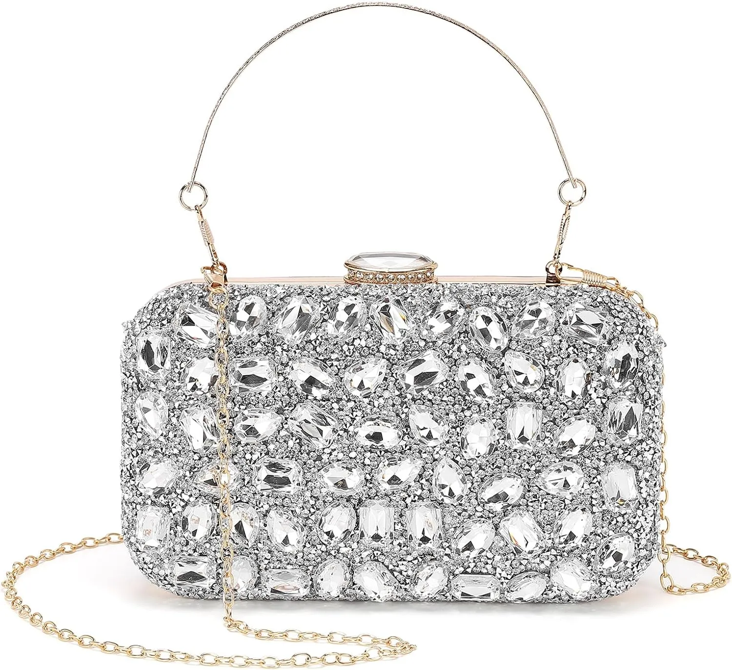 Evening Bags Clutch Purses for Women Formal, Gemstone Handbag Crystal Rhinestone Crossbody Square Bag with Chain Shoulder Bag Sparkly for Wedding Guest Party Silver