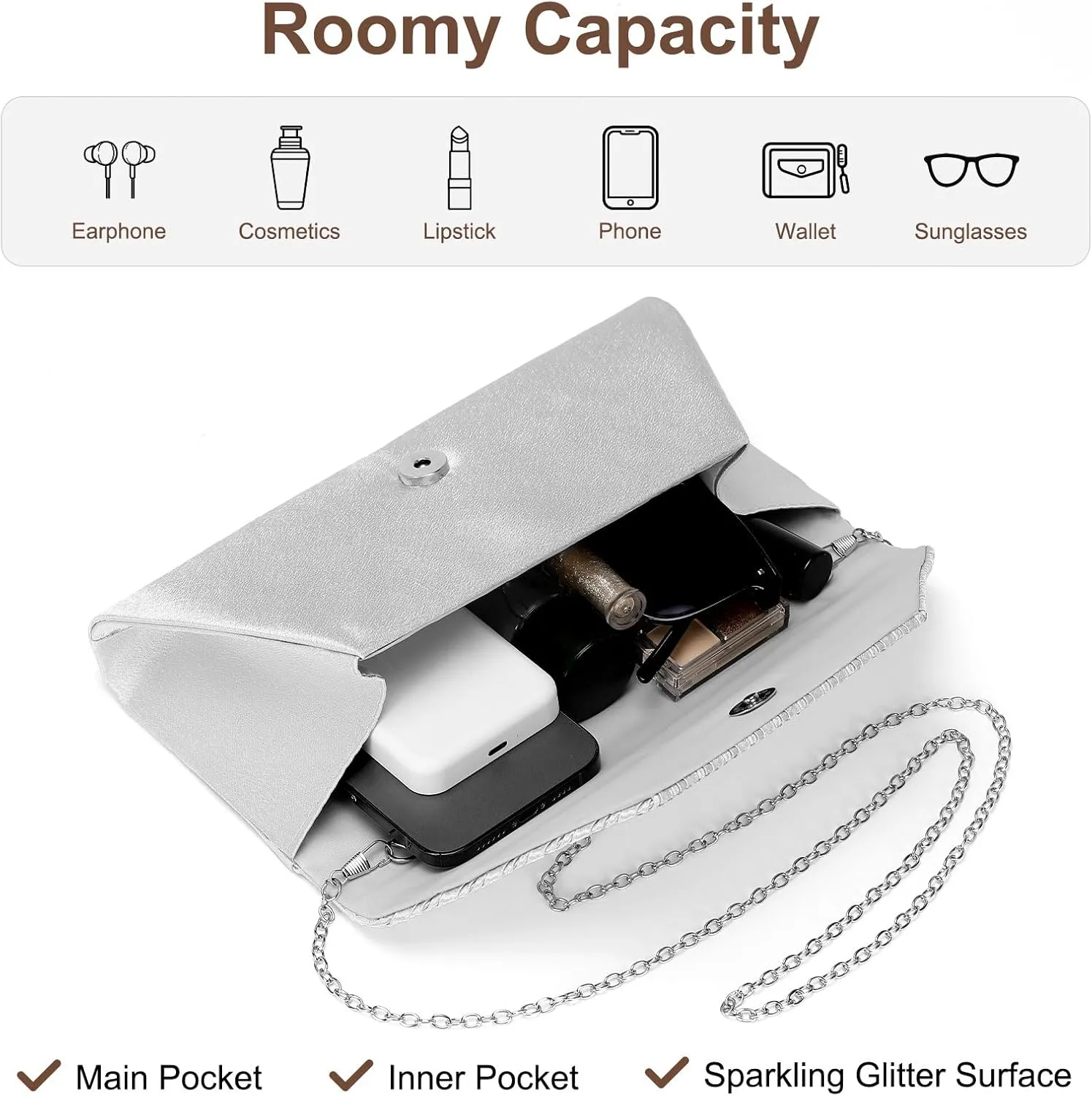 Evening Bags Clutch Purses for Women Formal, Purse Handbag Crossbody Bag Crystal Rhinestone with Chain Strap Shoulder Bag Sparkly for Wedding Guest Party Silver