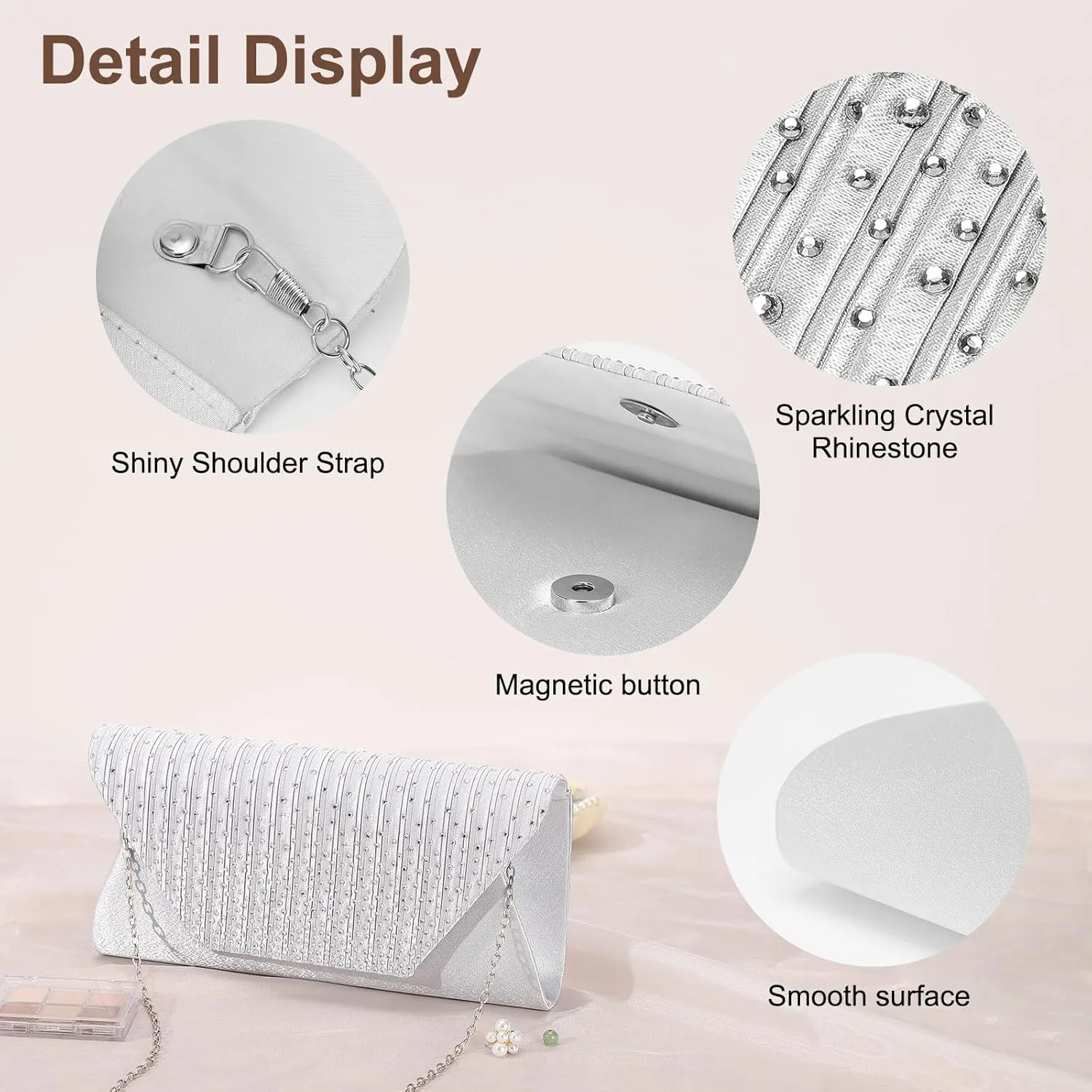 Evening Bags Clutch Purses for Women Formal, Purse Handbag Crossbody Bag Crystal Rhinestone with Chain Strap Shoulder Bag Sparkly for Wedding Guest Party Silver