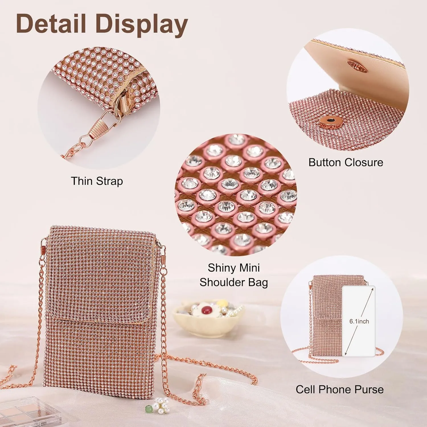Evening Handbags Clutch Purses for Women, Crossbody Bag Crystal Rhinestone Purse Shoulder Bag Sparkly for Wedding Party Pink