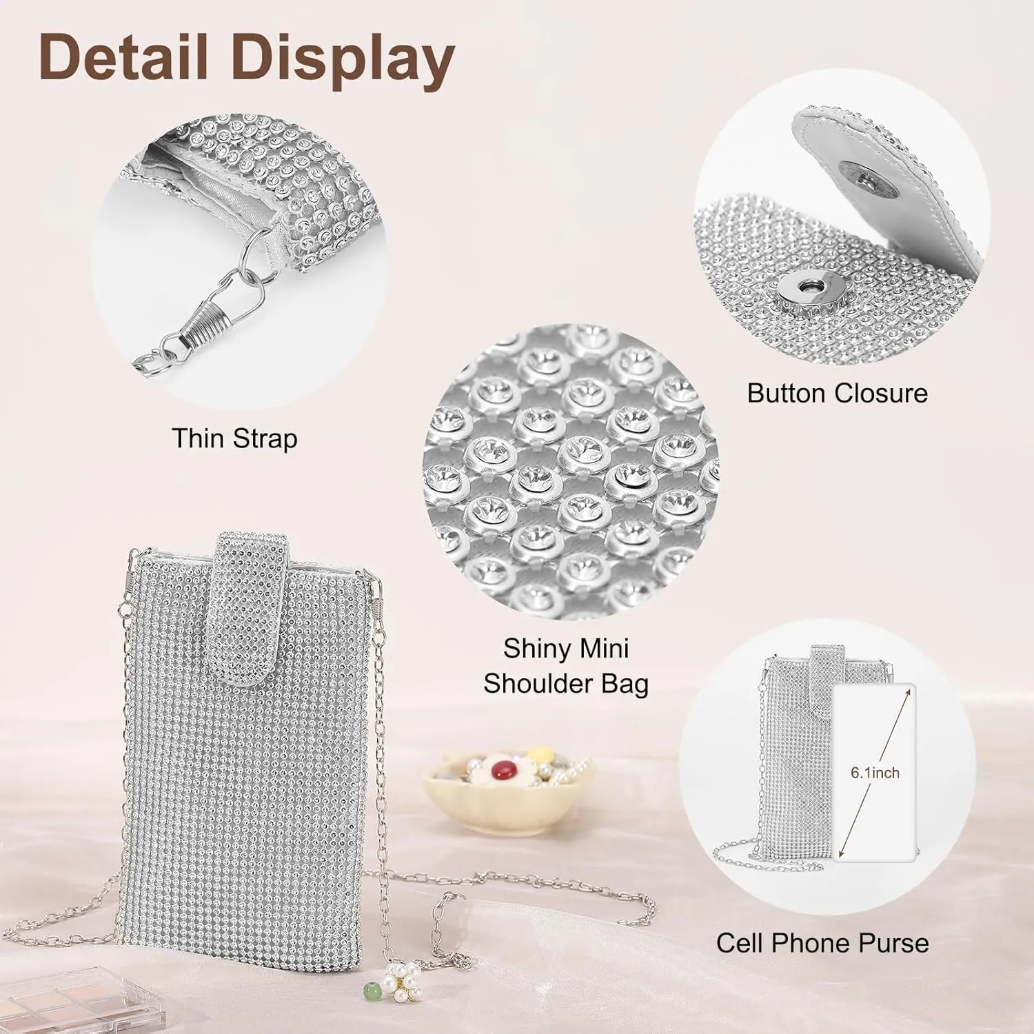 Evening Handbags Clutch Purses for Women, Crossbody Bag Crystal Rhinestone Purse Small Shoulder Bag Sparkly for Wedding Party Silver