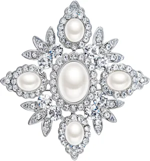 EVER FAITH Austrian Crystal Oval Simulated Pearl Wedding Chunky Flower Brooch Clear Silver-Tone