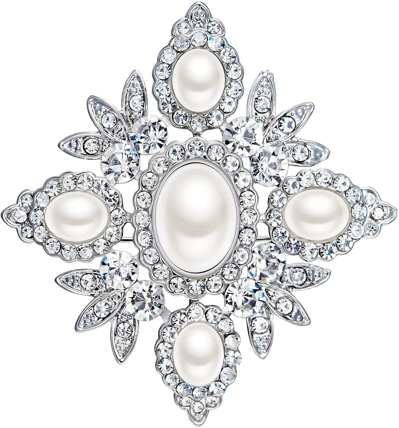 EVER FAITH Austrian Crystal Oval Simulated Pearl Wedding Chunky Flower Brooch Clear Silver-Tone