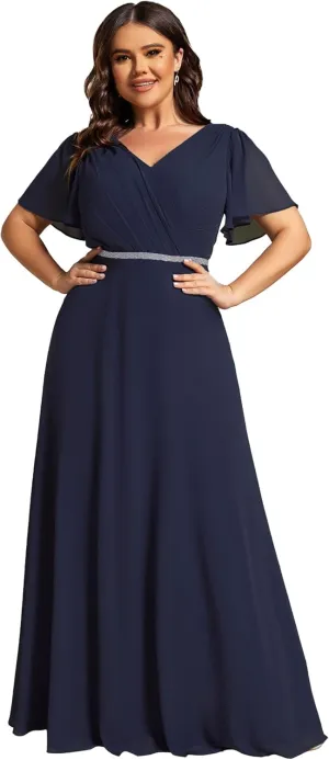 Ever-Pretty Beading Waist A Line Short Sleeves Chiffon Plus Size Maxi Formal Evening Dresses for Curvy Women 11981-DA
