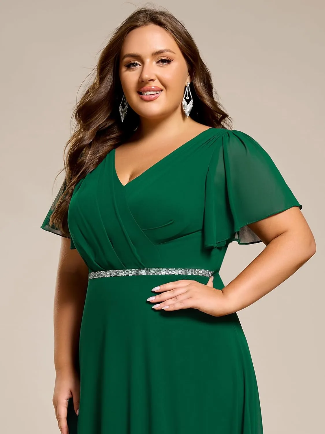Ever-Pretty Beading Waist A Line Short Sleeves Chiffon Plus Size Maxi Formal Evening Dresses for Curvy Women 11981-DA